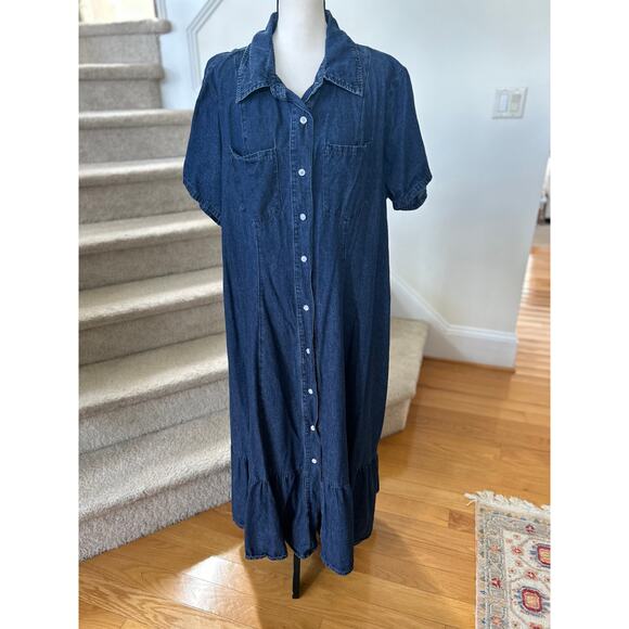 Denim Button Front Shirt Dress Flutter Hem Short Sleeve Maxi Dress Western Boho - Picture 1 of 8